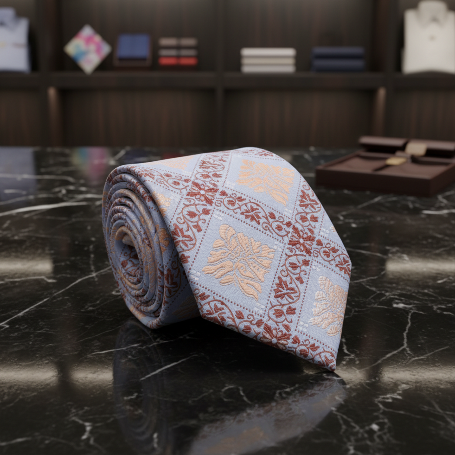 Main  Light Blue and Brown Geometric/Floral Tie 
