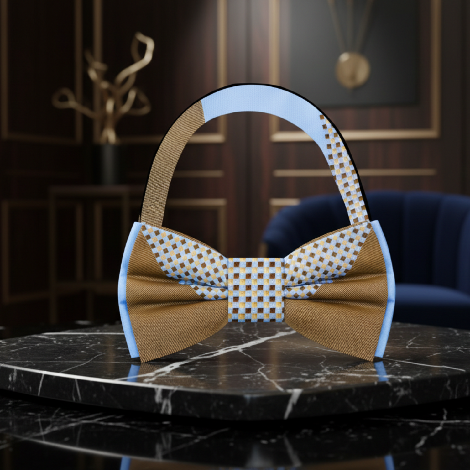 A Light Blue and Light Brown Abstract Shaped Pattern Bow Tie Pre Tied
