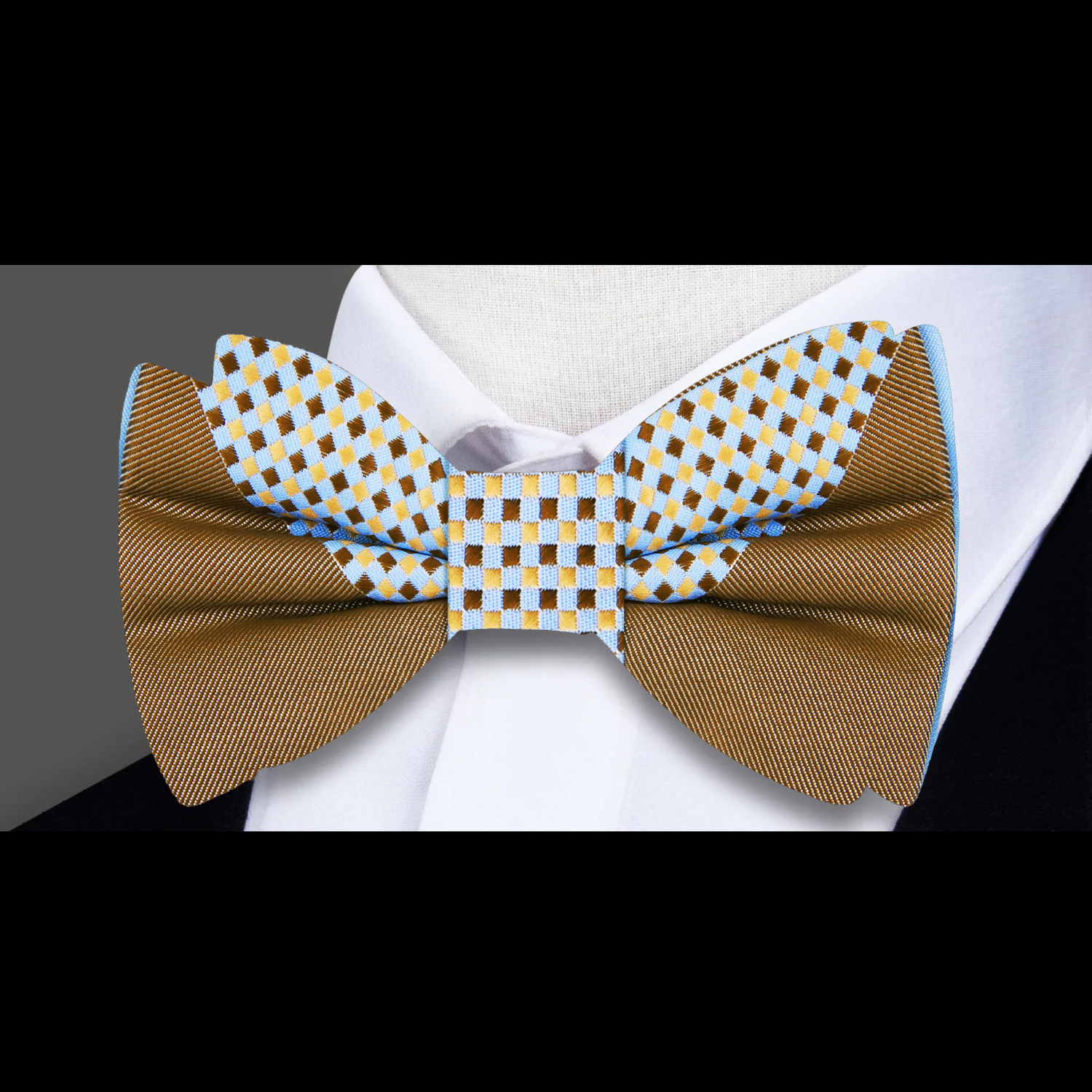 A Light Blue and Light Brown Abstract Shaped Pattern Bow Tie