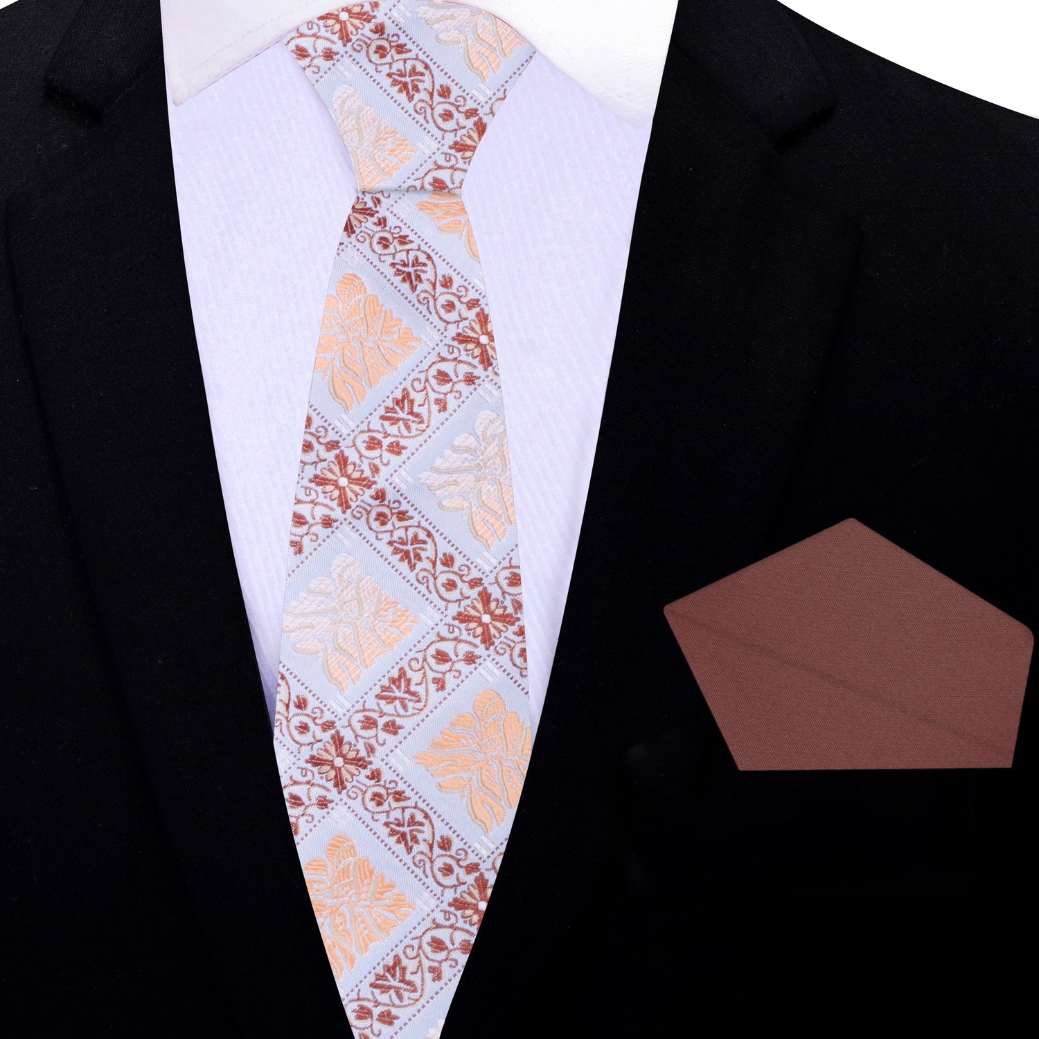 Thin Tie: Light Blue and Brown Geometric/Floral Tie and Brown Pocket Square