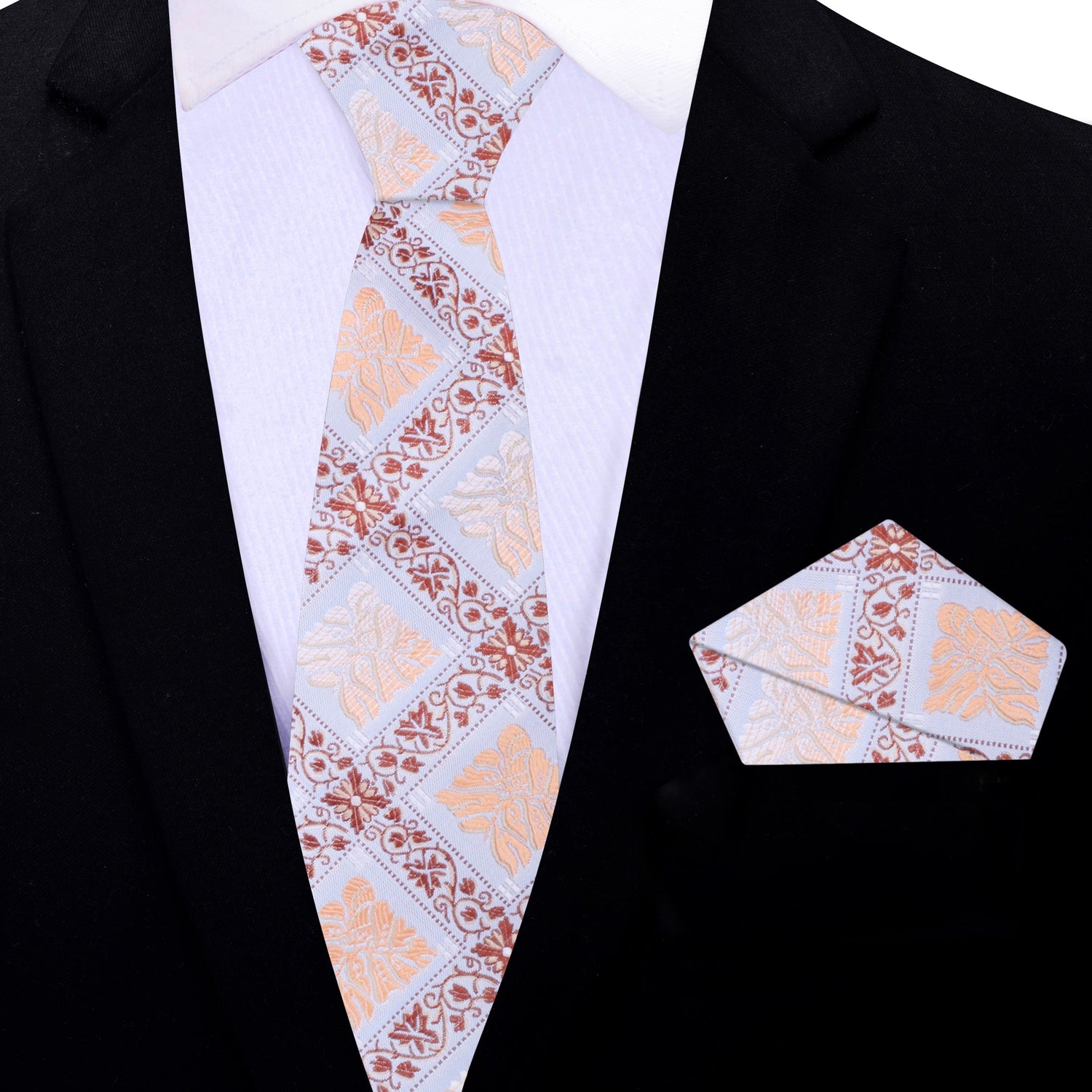 Thin Tie: Light Blue and Brown Geometric/Floral Tie and Matching Pocket Square