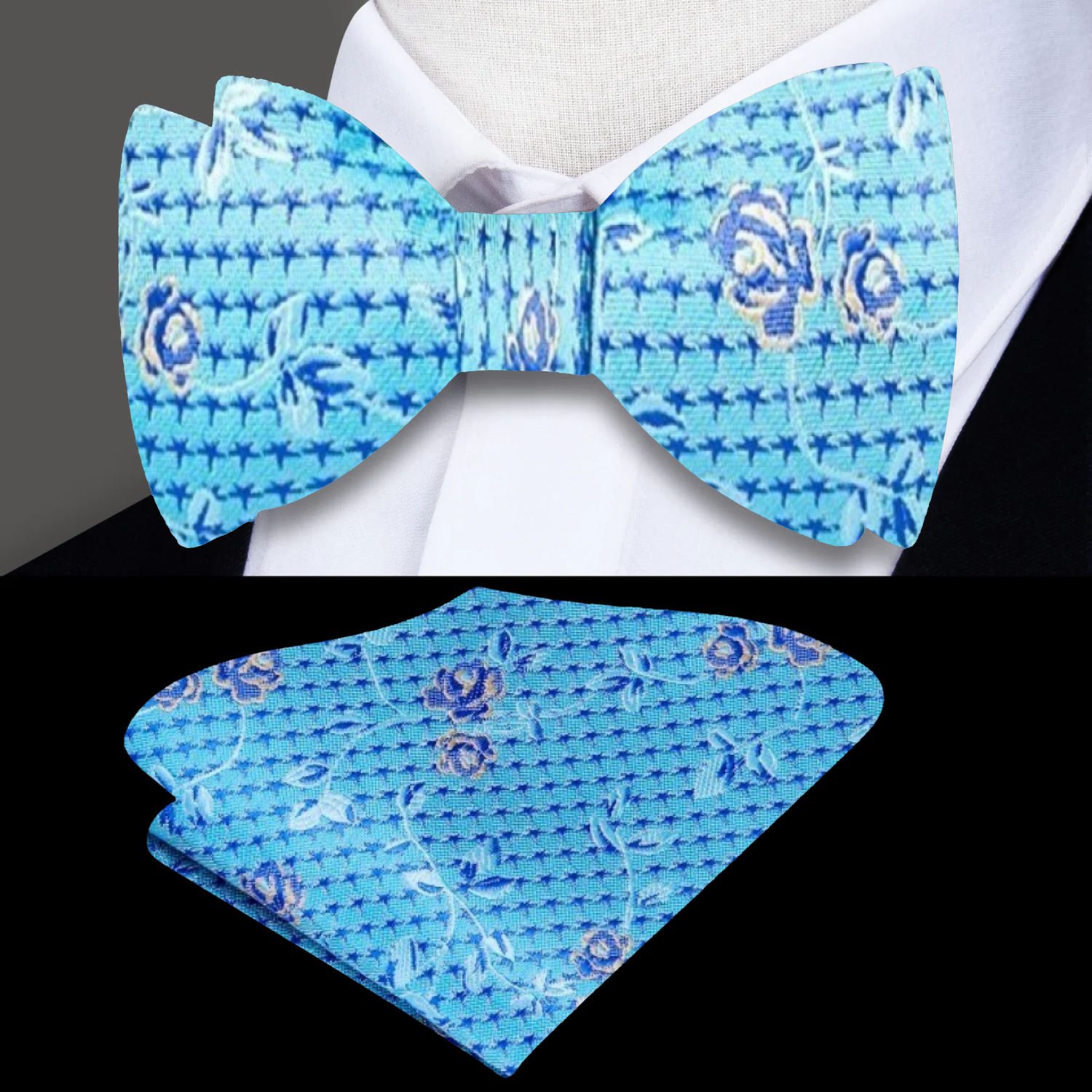 A Brilliant Blue Intricate Floral Pattern Self Tie Bow Tie, Matching Pocket Square