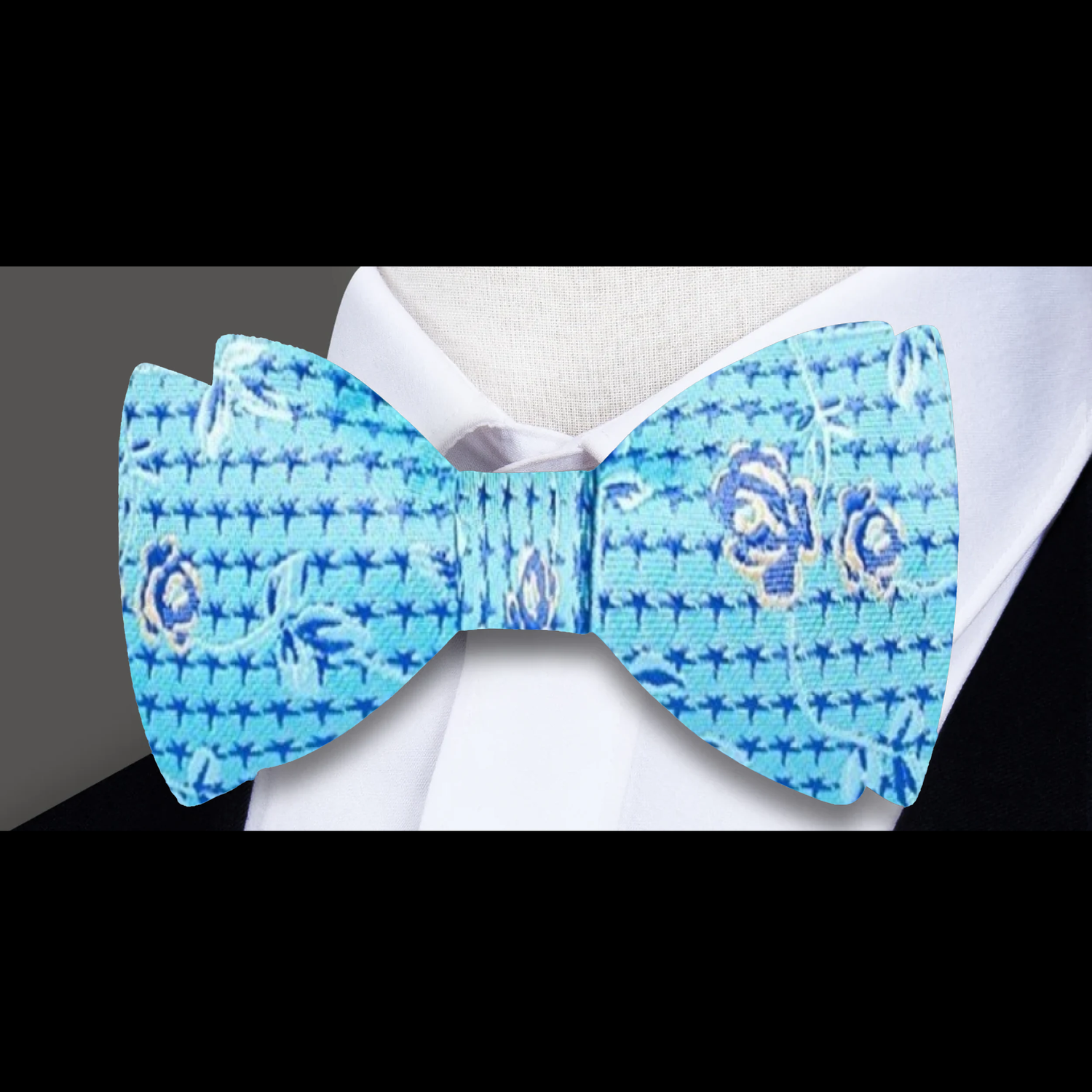 A Brilliant Blue Intricate Floral Pattern Silk Self Tie Bow Tie