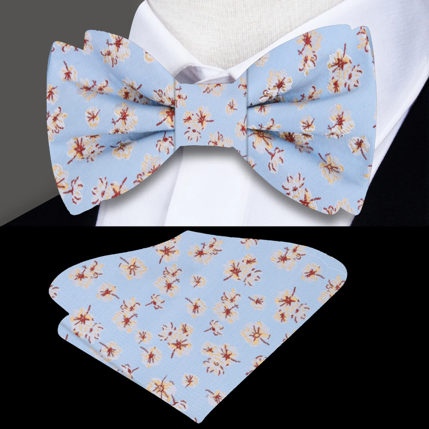 Light Blue, Burgundy, Cream Magnolia Flowers Bow Tie And Pocket Square