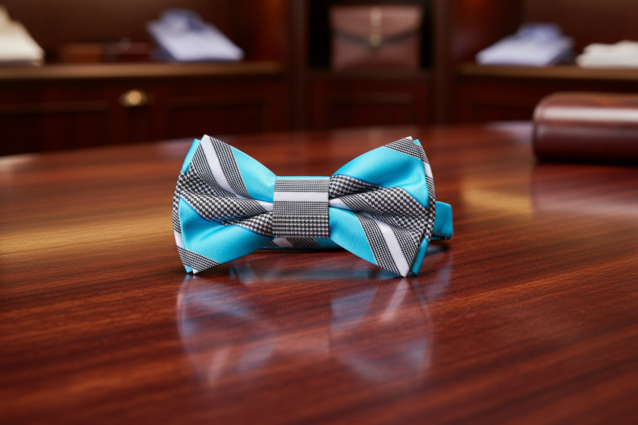 Teal, Grey, White Stripe Bow Tie Pre Tied