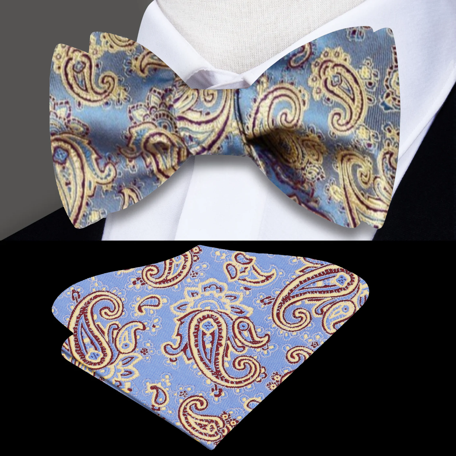 A Periwinkle, Burgundy Paisley Pattern Self Tie Bow Tie, Matching Pocket Square