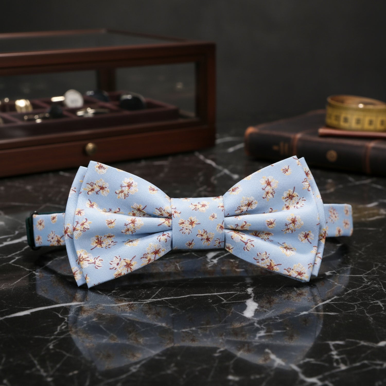 Light Blue, Burgundy, Cream Magnolia Flowers Bow Tie Pre Tied
