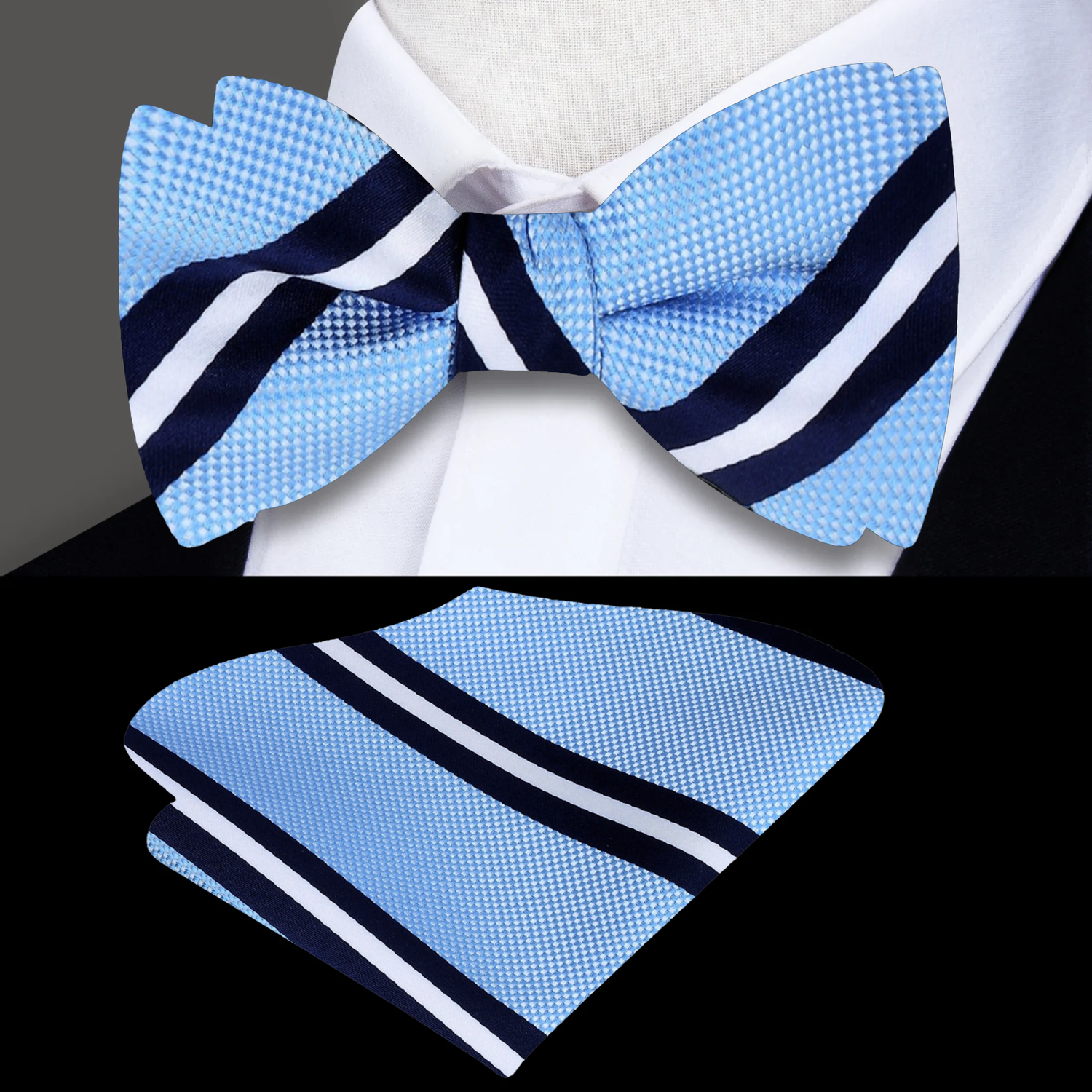 Light Blue, Dark Blue and White Stripe Bow Tie and Square