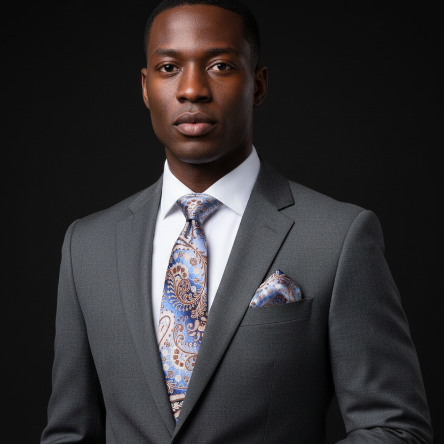 Man wearing a gray suit with a patterned tie and pocket square on a black background