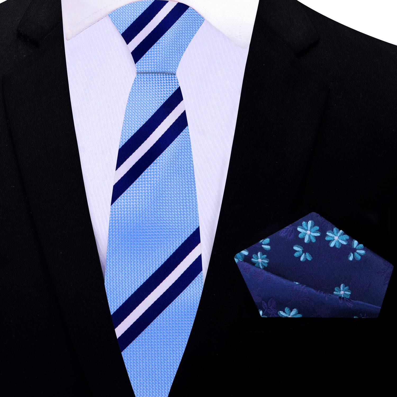 Thin Light Blue with Dark Blue, White Stripe Necktie and Accenting Blue Floral Square