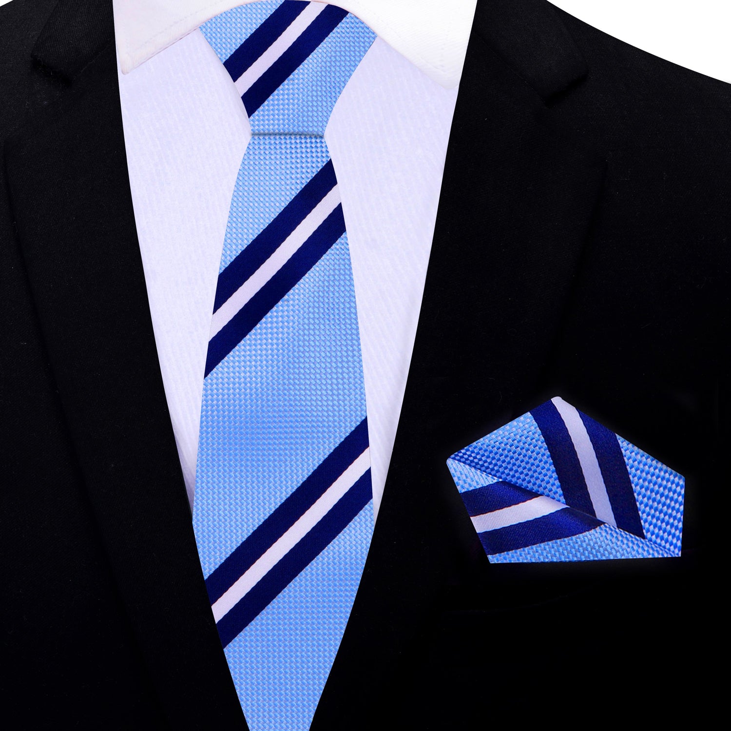 Thin Light Blue with Dark Blue, White Stripe Necktie and Square