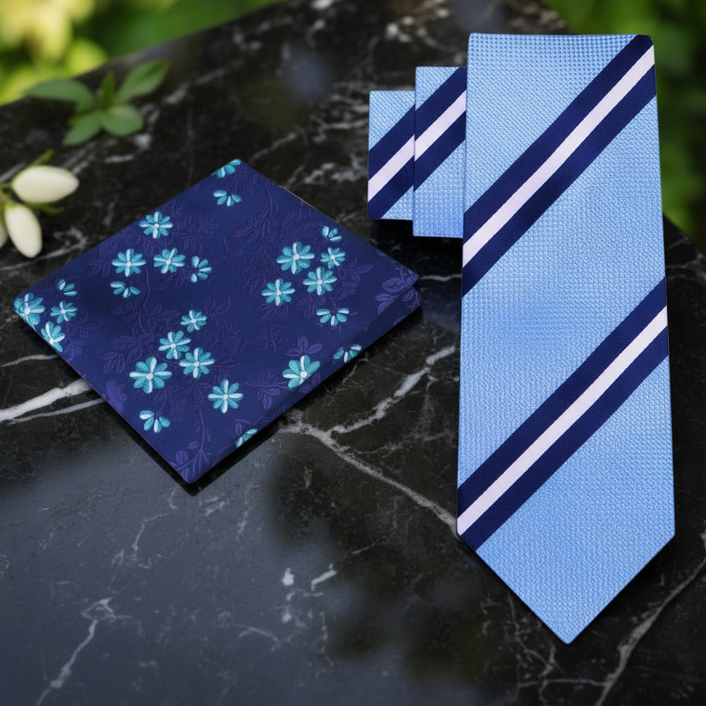 Alt Light Blue with Dark Blue, White Stripe Necktie and Accenting Blue Floral Square
