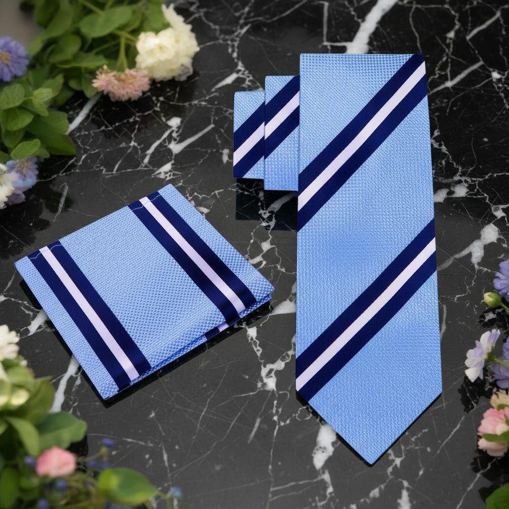 Alt Light Blue with Dark Blue, White Stripe Necktie and Square