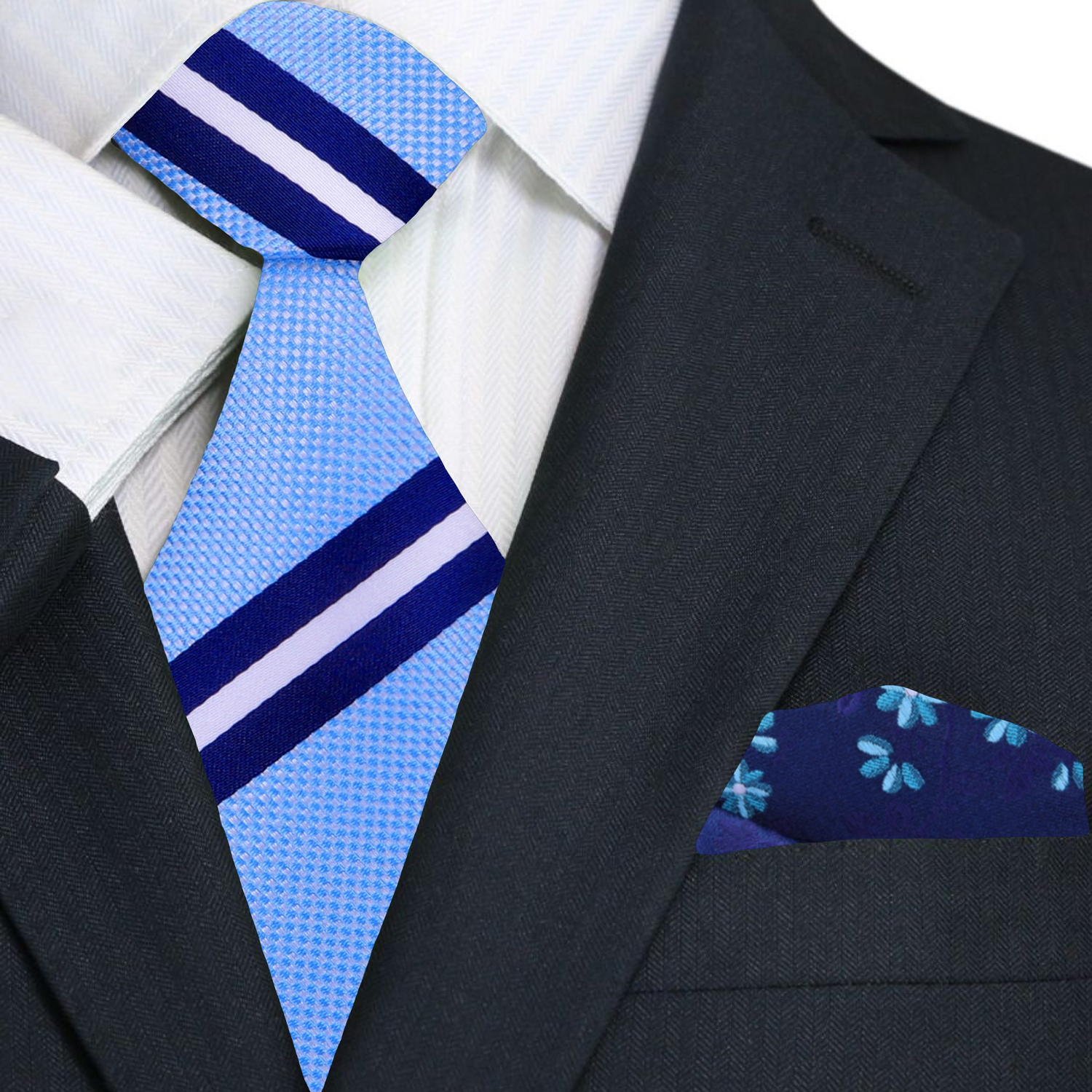 Premium Light Blue with Dark Blue, White Stripe Necktie and Accenting Blue Floral Square