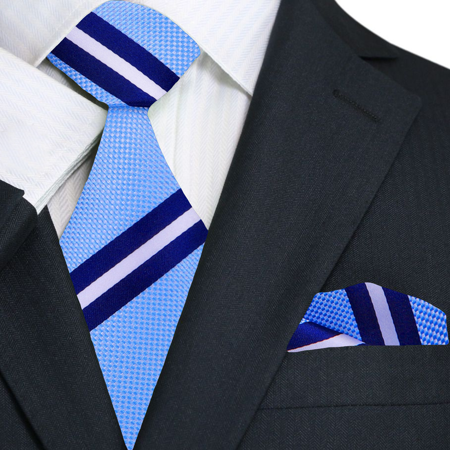 Premium Light Blue with Dark Blue, White Stripe Necktie and Square