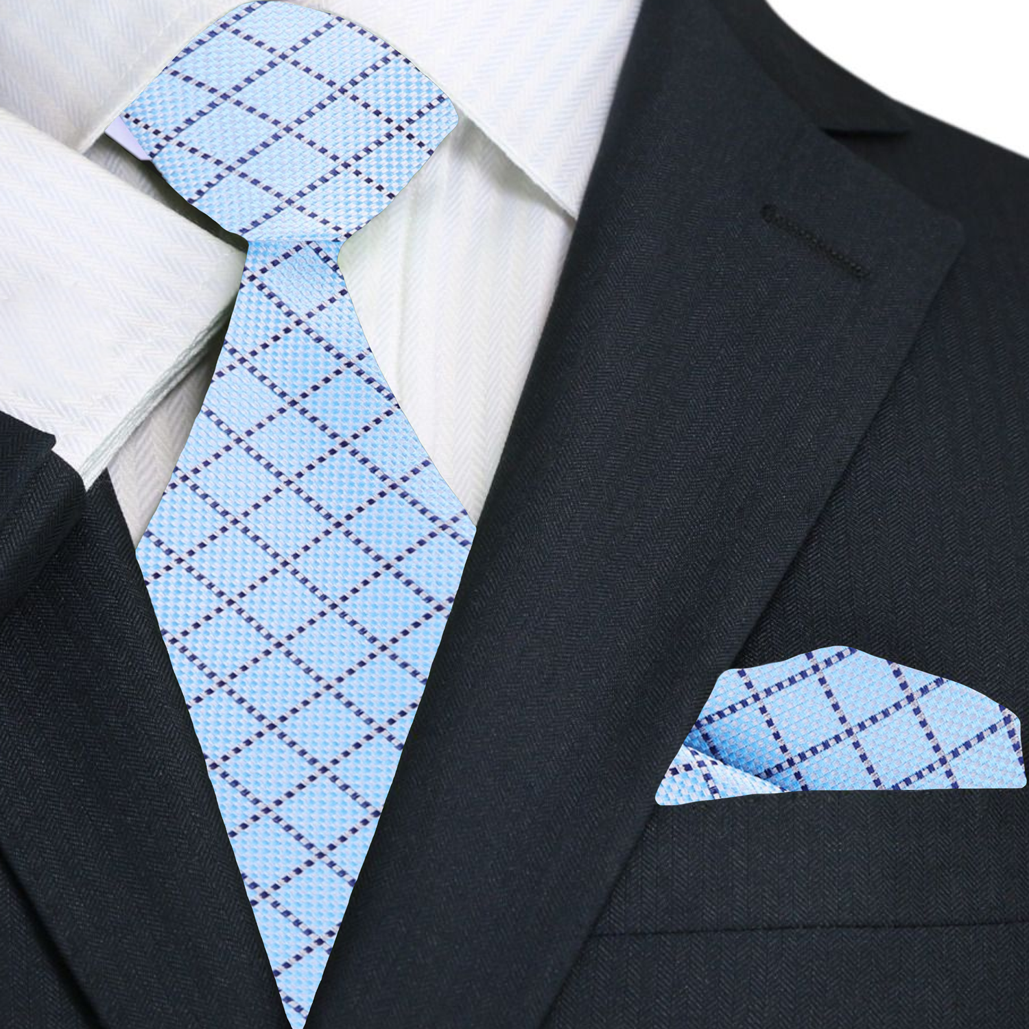 Premium Light Blue Plaid Necktie and Matching Square