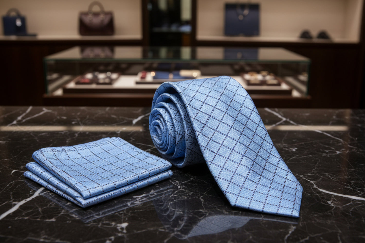 Alt View: Light Blue Plaid Necktie and Matching Square