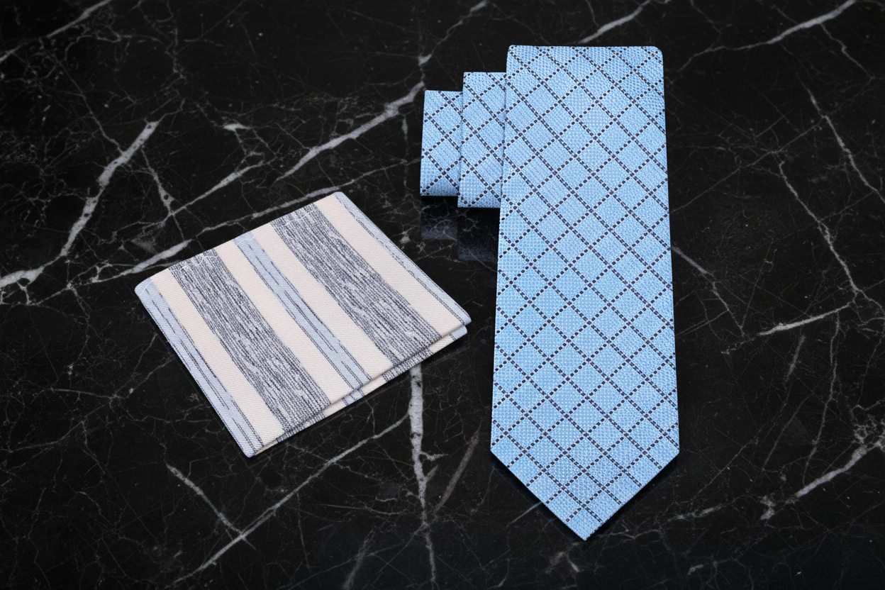 Alt View: Light Blue Plaid Necktie and White/Blue Stripe Square