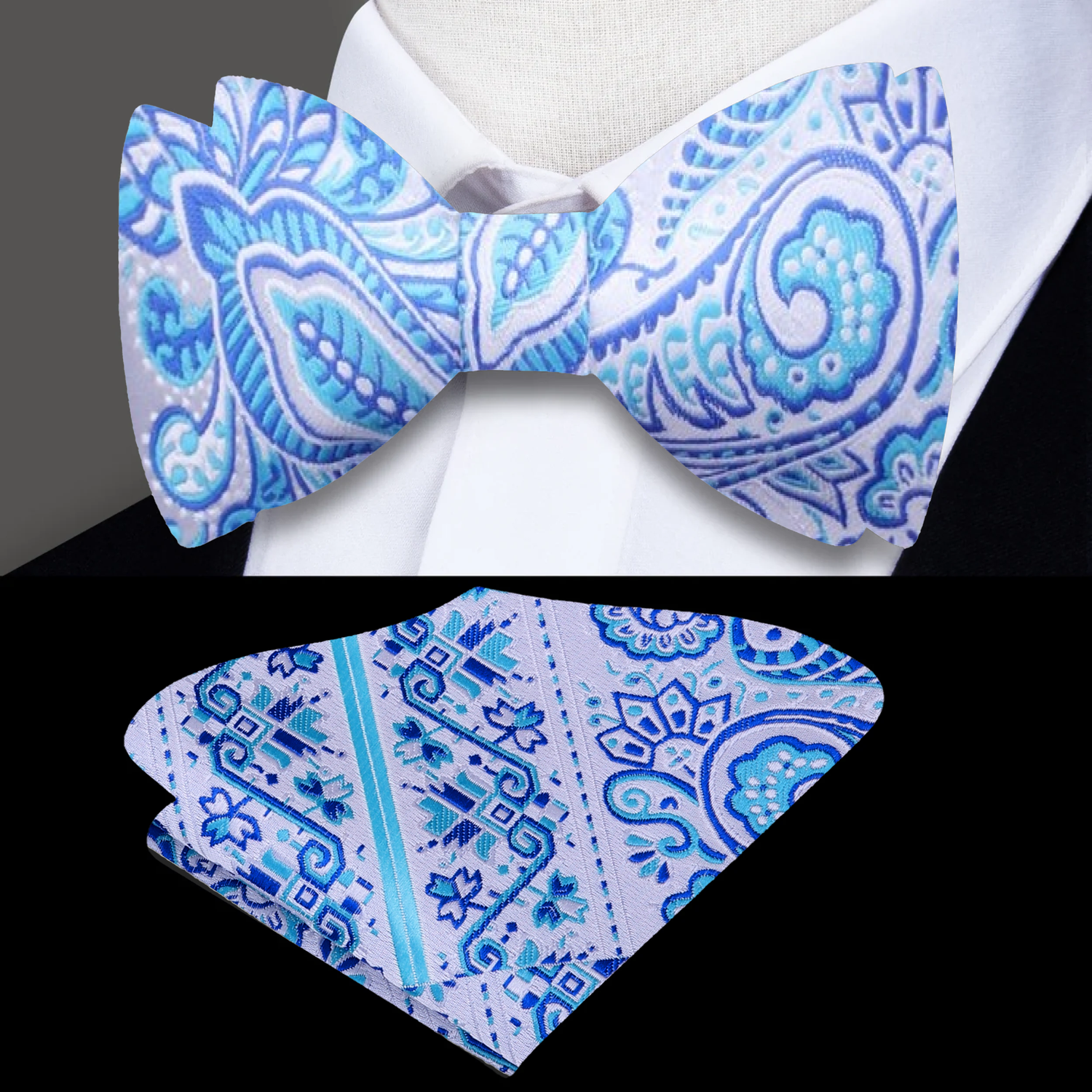 A Light Blue, White Paisley Pattern Self Tie Bow Tie, Matching Pocket Square ||Regular Length - Light Blue/White||XL - Light Blue/White