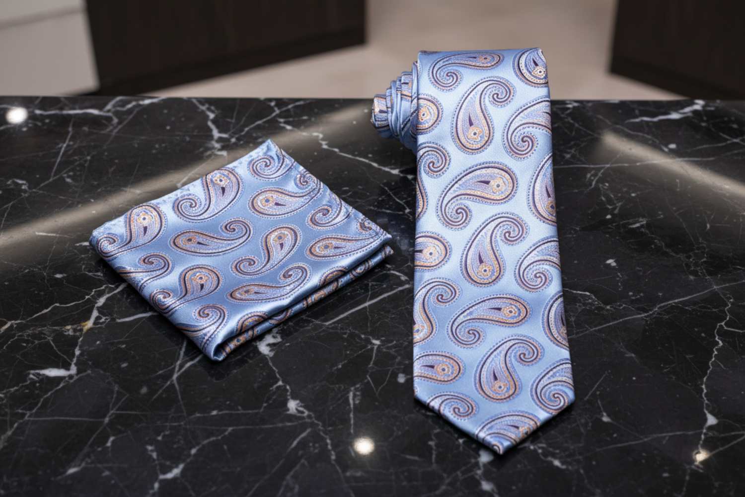 Alt Light Blue Paisley Necktie and Square
