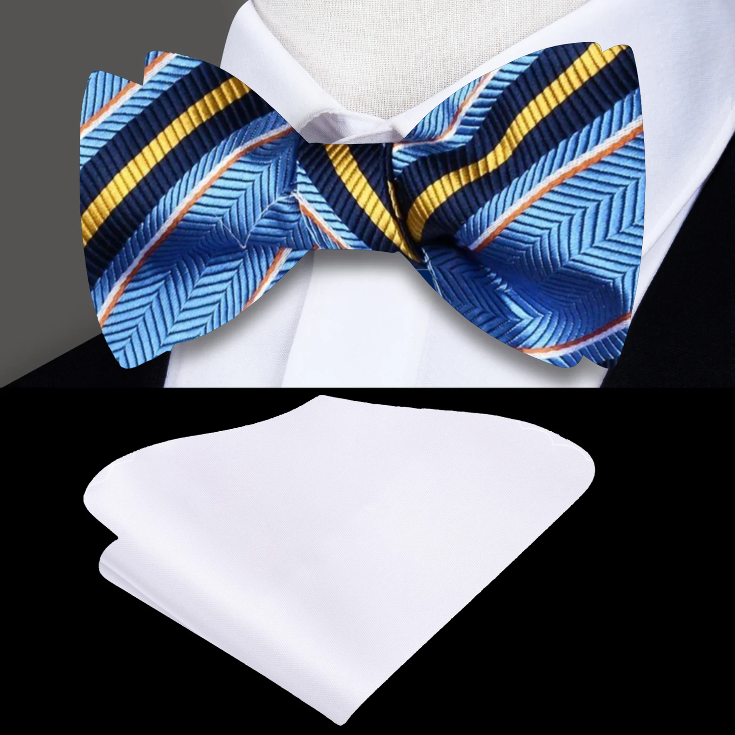 A Light Blue, Yellow Stripe Pattern Self Tie Bow Tie, White Pocket Square