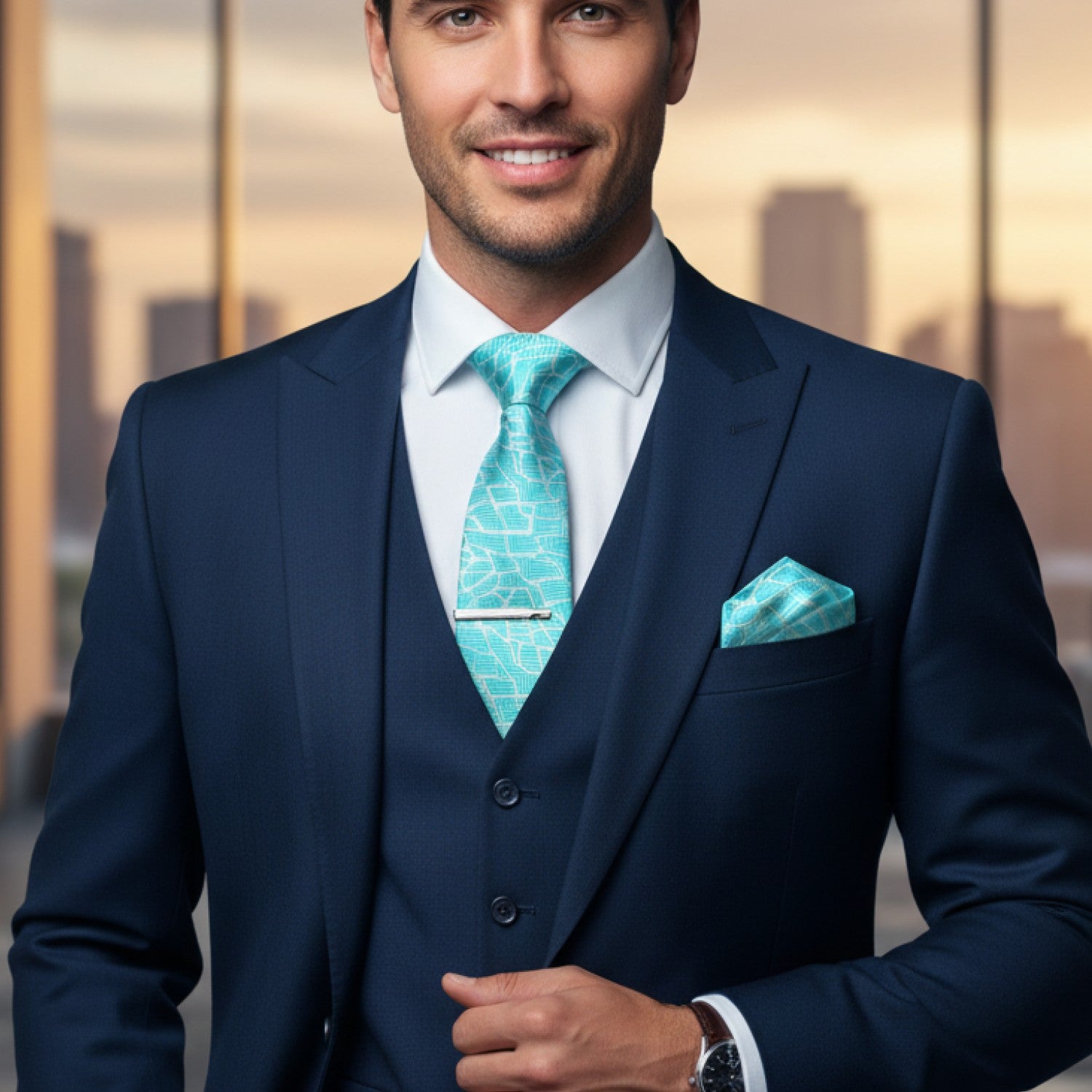Man wearing a navy suit with a turquoise tie and pocket square, standing against a blurred cityscape background.
