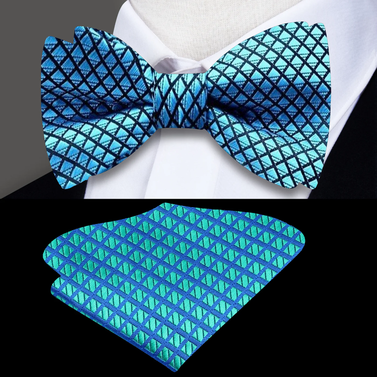 Light Blue Check Bow tie and Pocket Square||Sapphire, Black