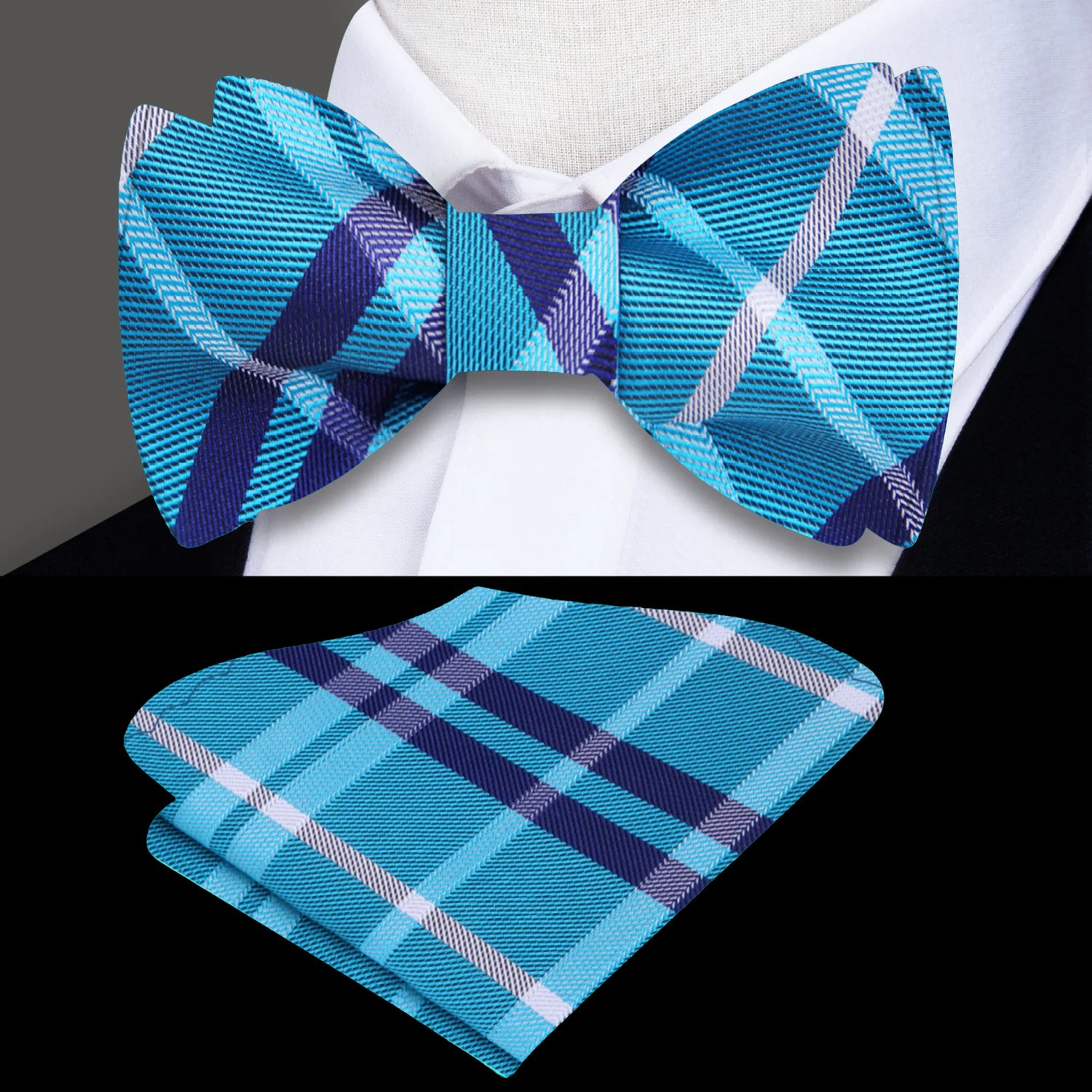 A Light Blue, Blue Plaid Pattern Self Tie Bow Tie, Matching Pocket Square