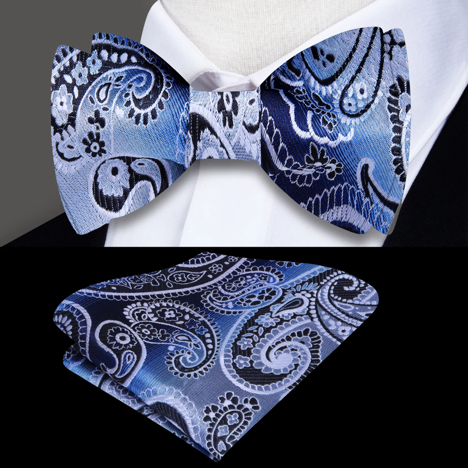 A Grey, Light Blue, Black Paisley Pattern Silk Self Tie Bow Tie, Matching Pocket Square