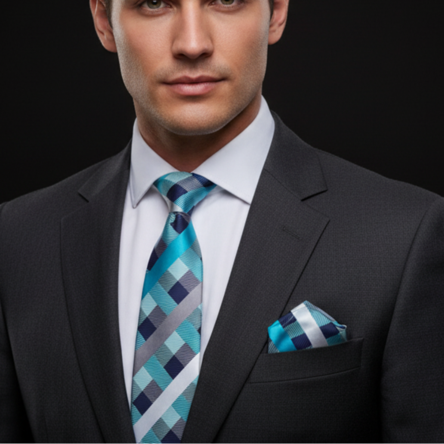 Man wearing a black suit with a blue and green checkered tie and pocket square on a dark background
