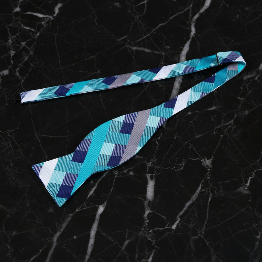 Light Blue and Silver Check self Tie Bow Tie