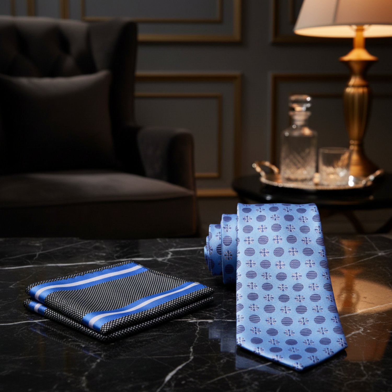 Alt Light Blue, Grey Geometric Necktie and Accenting Stripe Square