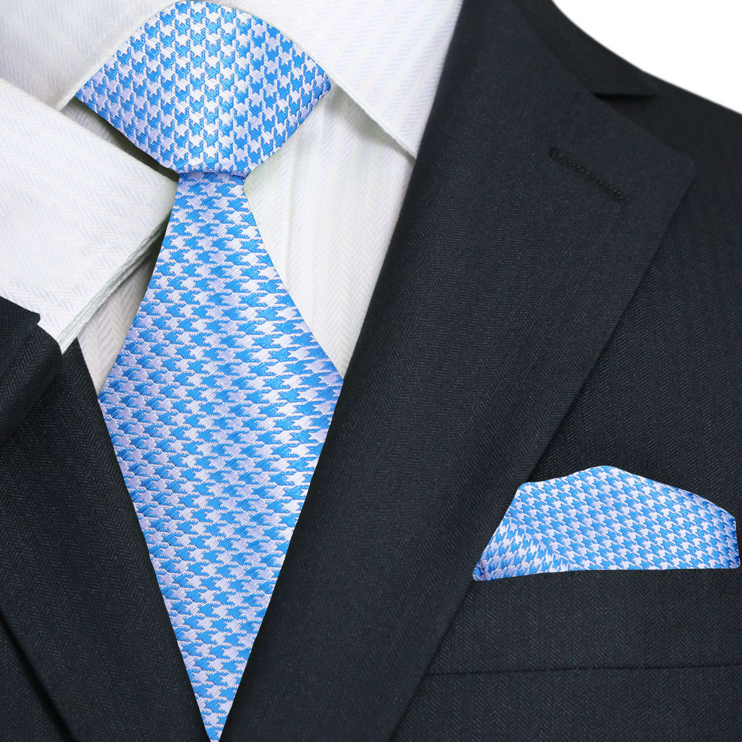 Light Blue Hounds Tooth Tie and Pocket Square||Light Blue