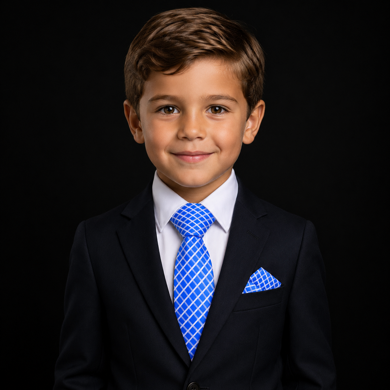 A young boy wearing a navy blue suit jacket, white dress shirt, a bright blue patterned tie, and a matching blue pocket square, set against a solid black background.