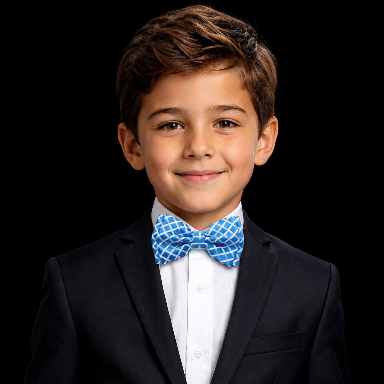 Kids Light Royal Blue & White Windowpane Check Pre-Tied Bow Tie
