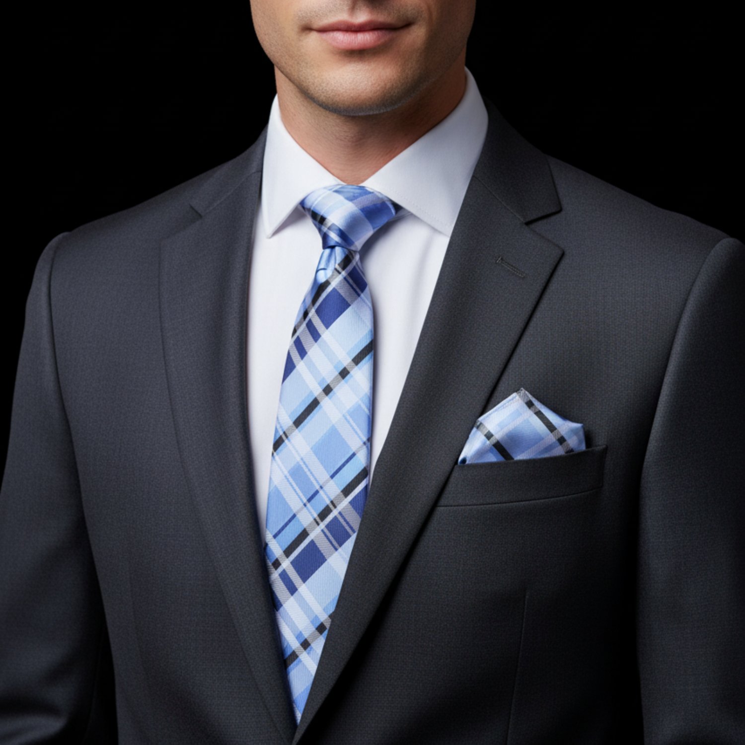 Man wearing a gray suit with a blue plaid tie and pocket square on a black background