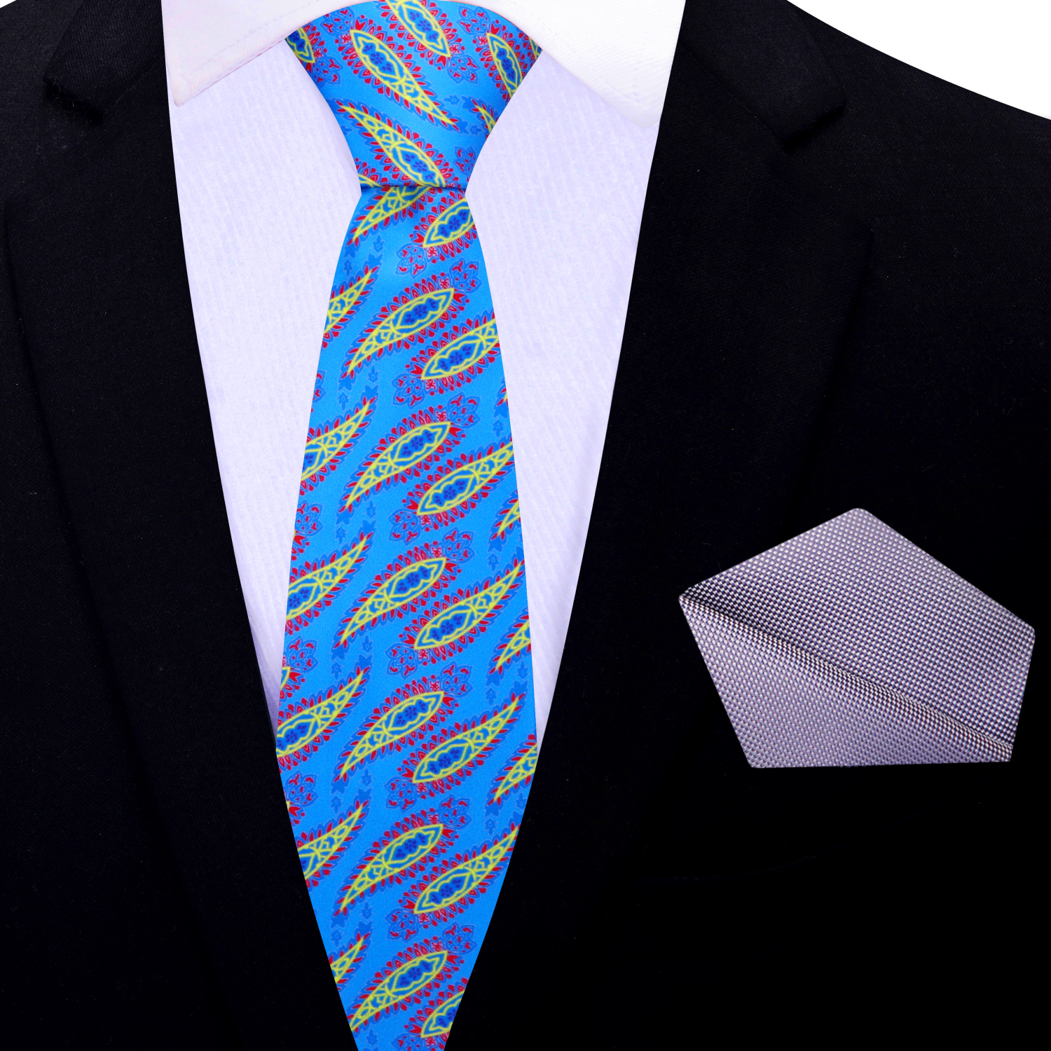 Blue paisley patterned thin tie with a  pocket square on a black suit jacket.