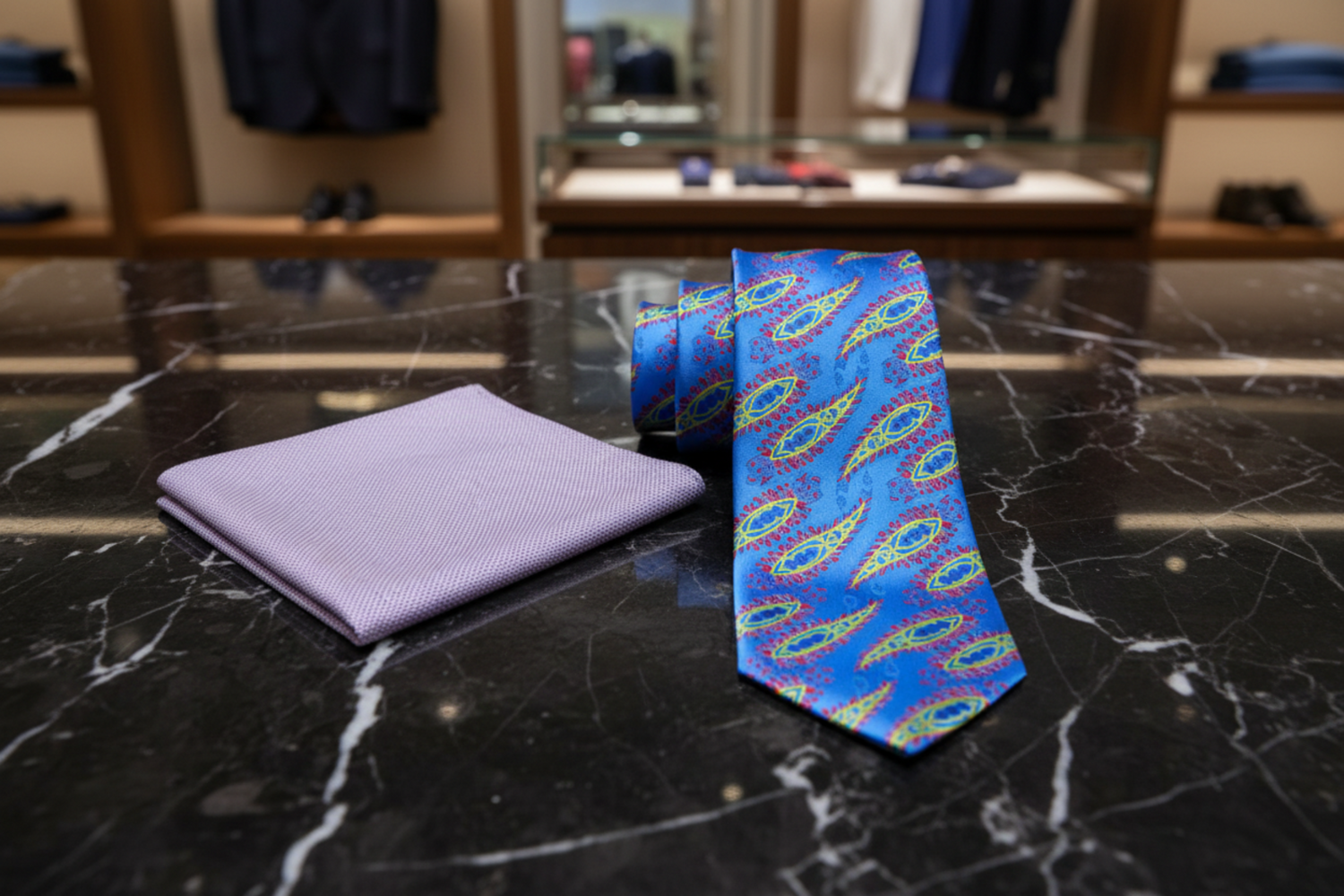Set of a blue patterned tie and a grey  pocket square on a white background
