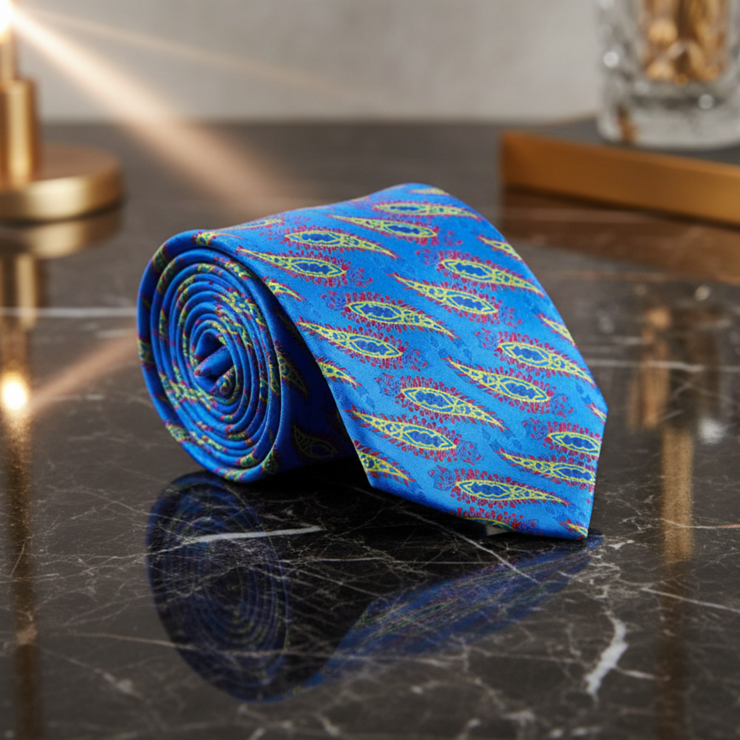 Rolled-up blue patterned tie on a reflective surface