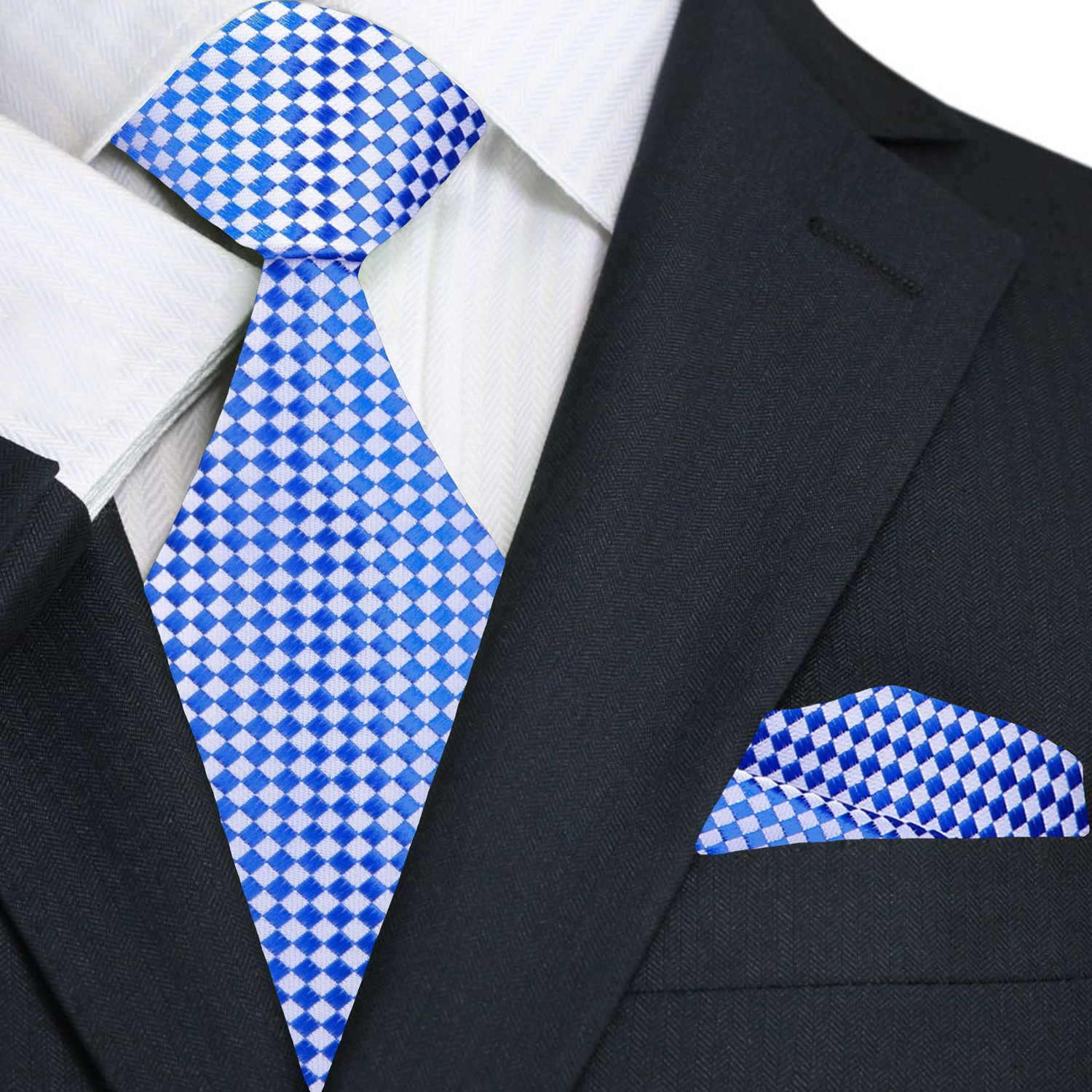 Premium A Light Blue, Light Grey Check Pattern Silk Necktie, Matching Pocket Square