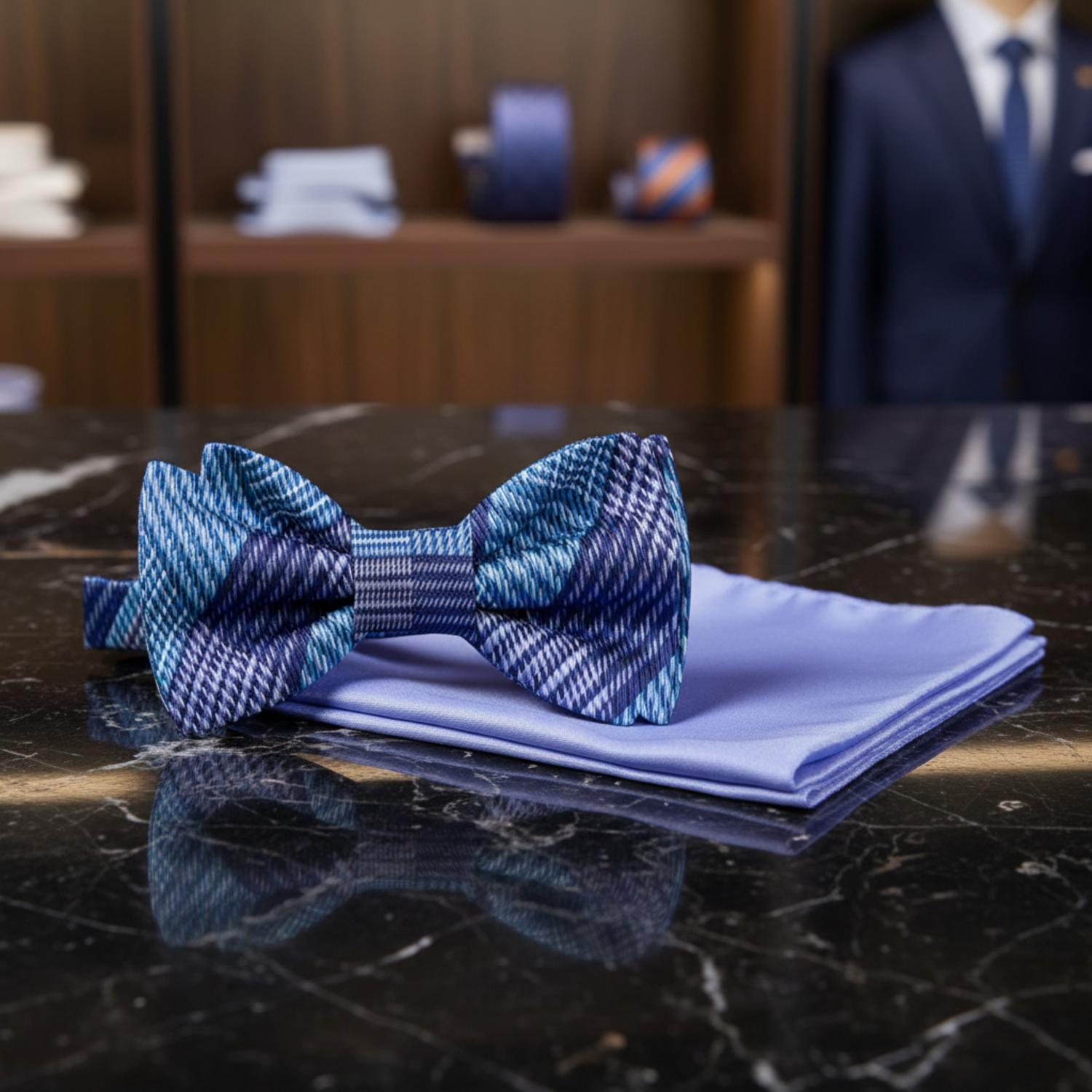 Main: Light Purple, Light Blue Plaid Bow Tie and lavender Square