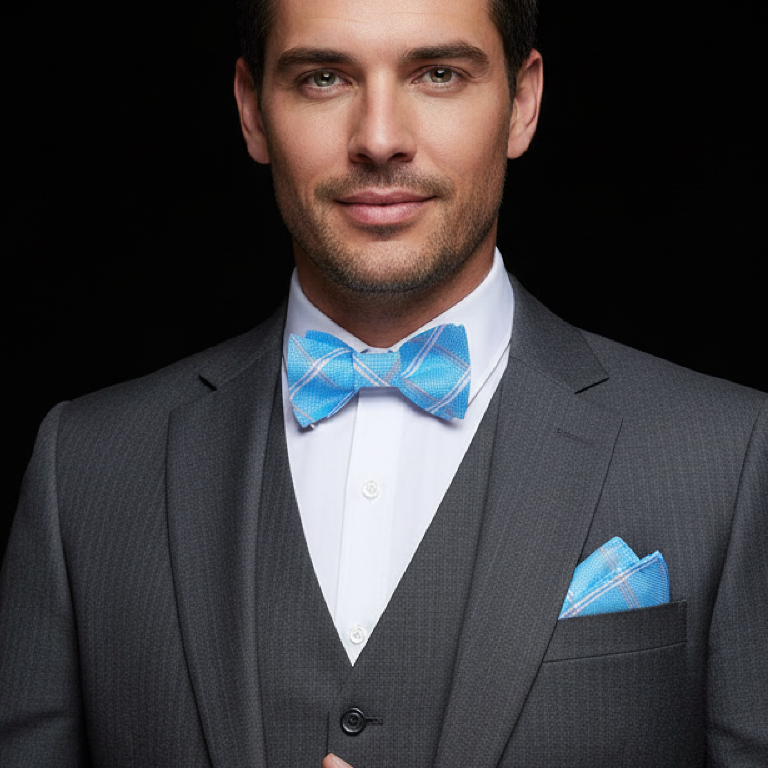 Man wearing a gray suit with a blue bow tie and pocket square on a black background
