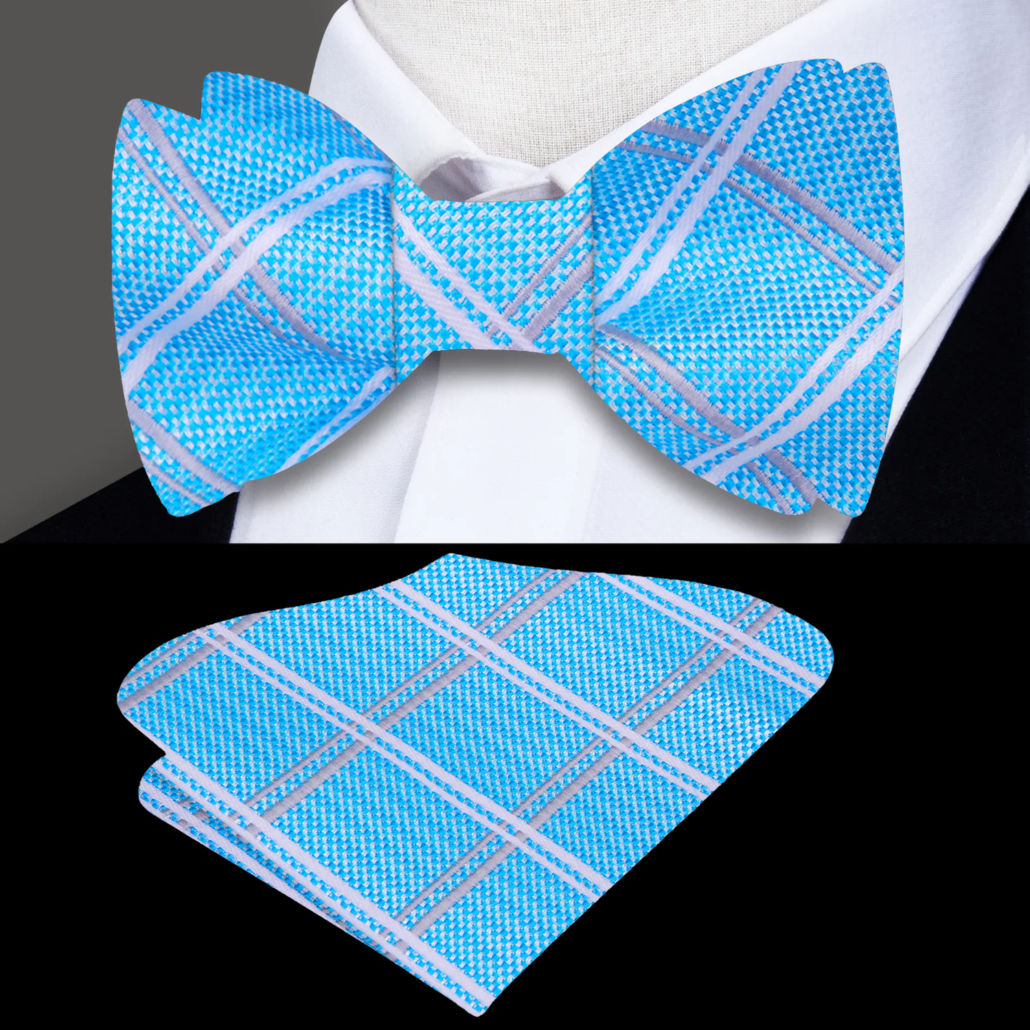A Light Blue, Light Silver Geometric Plaid Pattern Self Tie Bow Tie, Matching Pocket Square