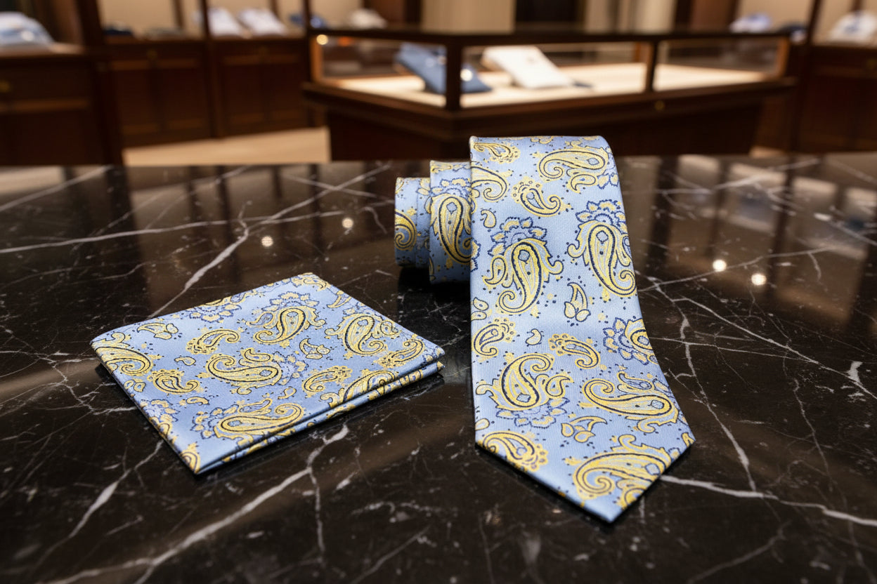 Alt A Light Blue, Light Gold Paisley Pattern Necktie, Matching Pocket Square