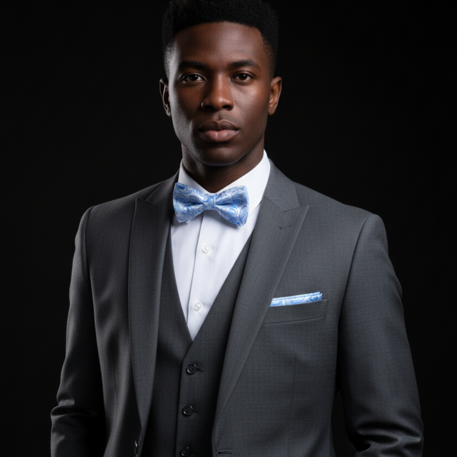 Man wearing a gray suit with a blue bow tie and pocket square on a black background