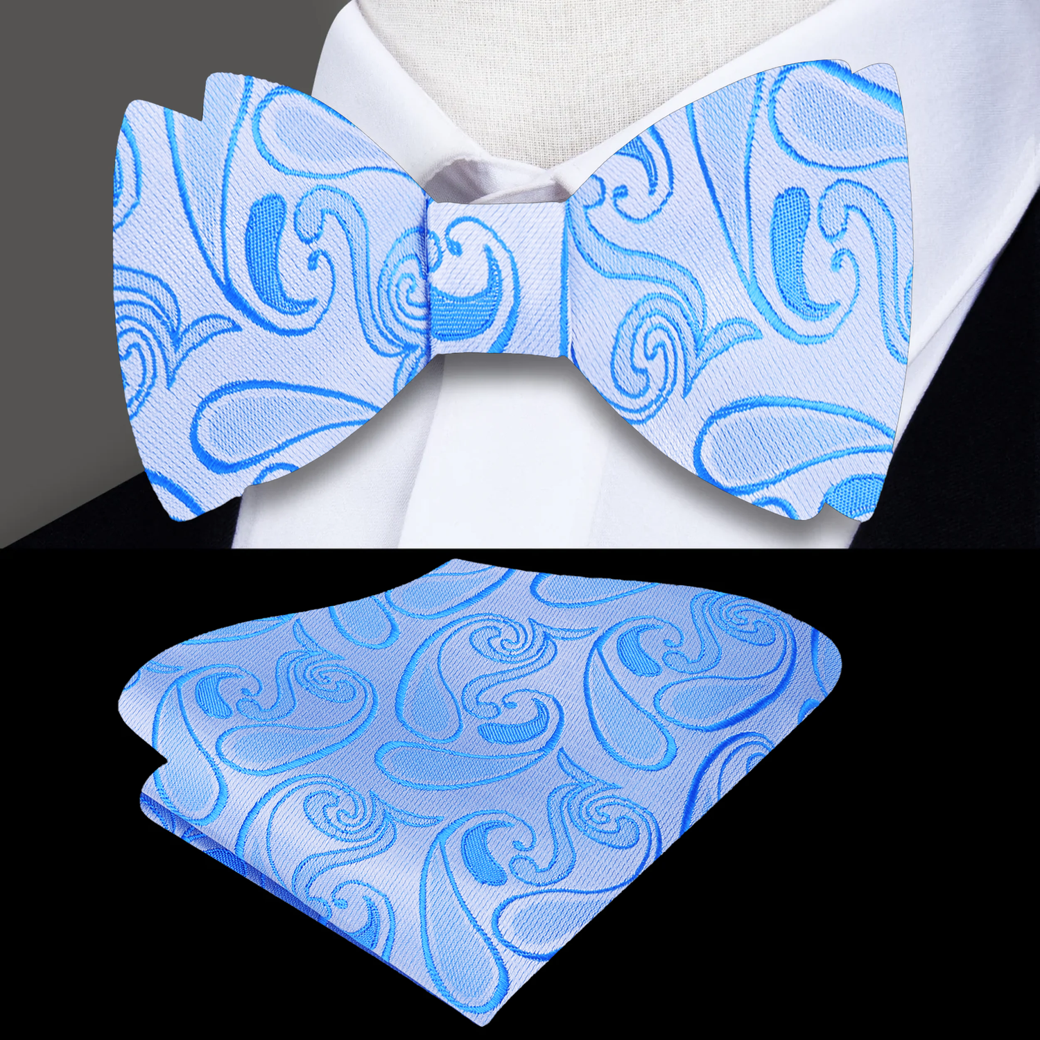 A Red, Blue Paisley Pattern Self Tie Bow Tie, Matching Pocket Square