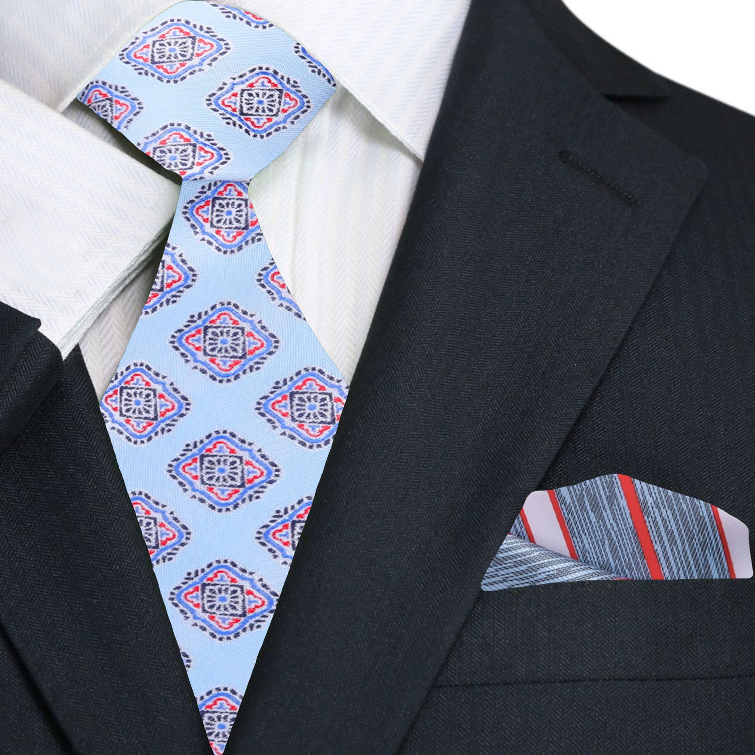 Premium Light Blue and Red Medallions Tie and Accenting Stripe Pocket Square