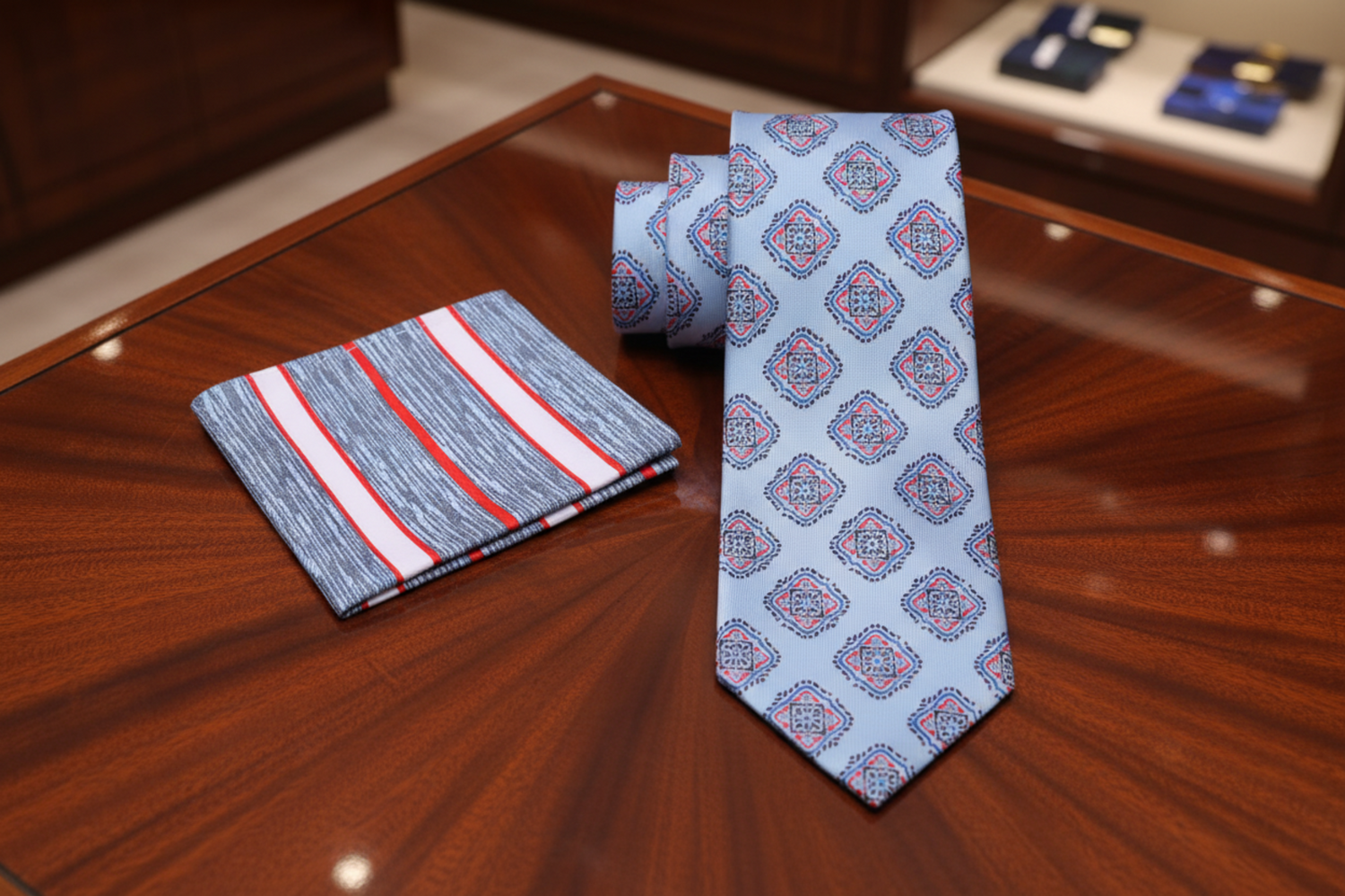 Alt Light Blue and Red Medallions Tie and Accenting Stripe Pocket Square