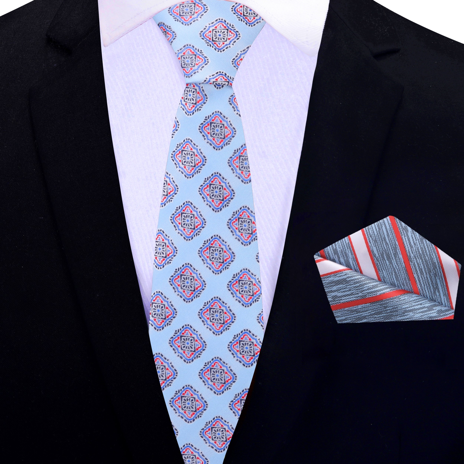 Thin Light Blue and Red Medallions Tie and Accenting Stripe Pocket Square