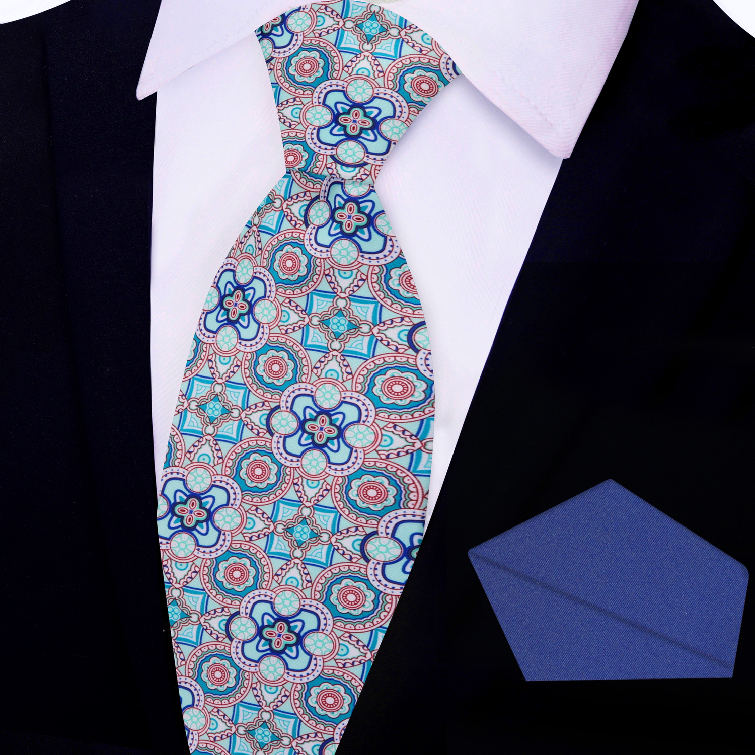 White, Light Blue, Blue Mosaic Necktie and Blue Square